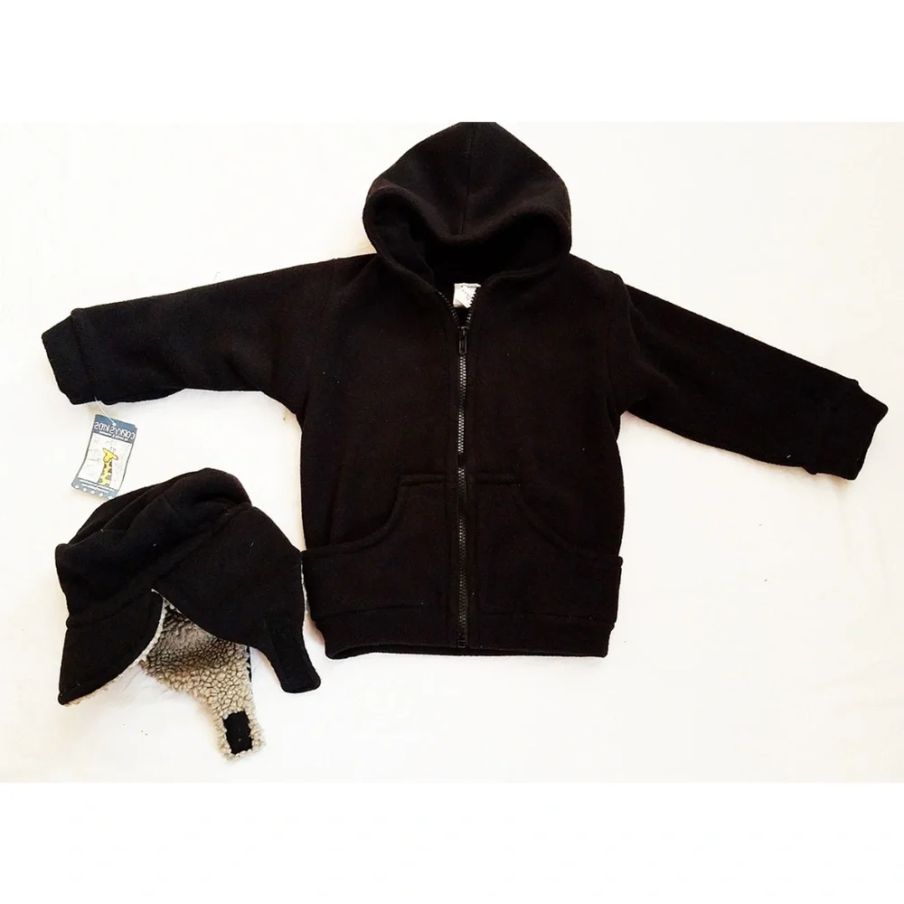 NWT Corky & Co Boutique  2T Boy's 2pc Hooded Black Fleece Jacket & Hat w/Monkey‎
